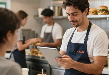 Diagram showing steps of the Fast Burger method on a chalkboard in a rustic burger shop