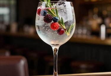 Photography of a gin and tonic with botanical berries and herbs, vibrant colors, premium glassware, soft bokeh background of a high-end Brazilian lounge.