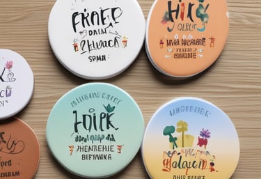 Close-up of colorful custom fridge magnets and key chains arranged on a table.