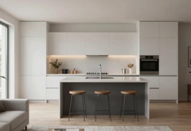 A high-end, minimalist Scandinavian kitchen and living space, showing the premium quality of properties managed by the agency. Natural light, clean lines.