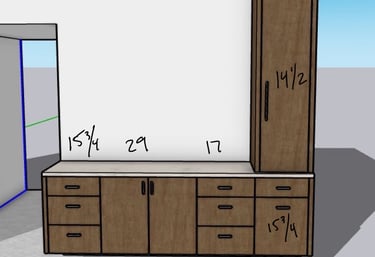 Custom closet design as a 3D sketch with measurements, designed by Pearce Woodworks Detroit.