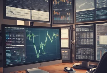 A clean workspace featuring multiple monitors displaying forex order blocks and liquidity zones.