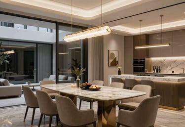 Elegant living room bathed in soft lavender light with plush seating.