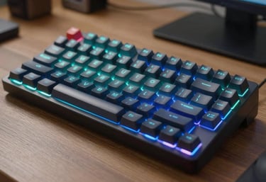 A close-up shot of a high-end mechanical keyboard with custom cyan and electric blue backlighting, located in a professional North American / US home office.