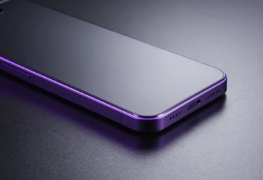 Photography of a modern tech gadget with glowing purple accents on a dark metallic surface in a North American / US studio, sharp focus, clean futuristic lines.