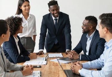 A diverse team collaborating around a table with project plans and laptops.