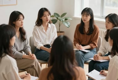 A warm, inviting coaching session with a woman journaling and smiling.