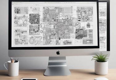 Office team collaborating on a digital project with computers and sketches.