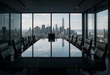A sharp, professional photograph of a high-tech conference room in a US skyscraper, with sleek glass surfaces and a view of a city skyline.
