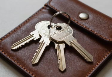 An artistic shot of a set of keys on a leather folder, representing a successful move to Australia and new beginnings.