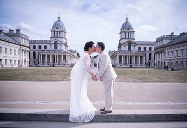 wedding couple standing in the grounds of the royal naval college greenwich