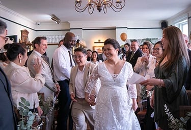 wedding couple arriving at their ceremony at The Admiral Hardy Greenwich