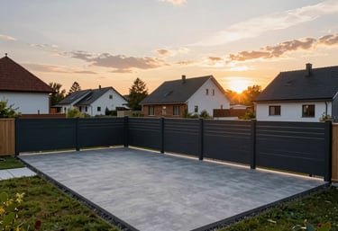 A wide angle sunset shot of a completed modern terrace and fence project in a Lithuanian suburban neighborhood, showing high-end construction.