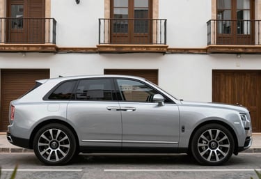 A high-end metallic silver SUV parked in a stylish residential area of Madrid, clean lines, professional luxury automotive photography, Southern European / Spanish architecture.