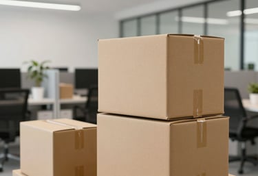 Neatly stacked cardboard boxes and office furniture inside a clean, modern office space being prepared for a move.
