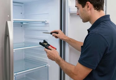 Technician in nitrile gloves precisely adjusting a Sub-Zero refrigerator in a sleek, modern kitchen.