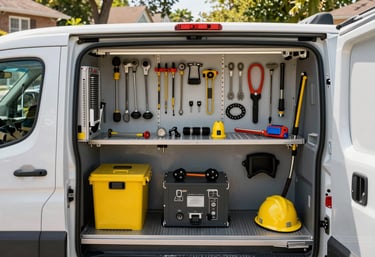 A high-angle shot of an organized electrical service van interior, showing neatly arranged tools and safety equipment, parked in a sunny North American / US suburb.