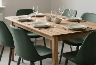 A beautifully set scandinavian dining table, dark matte forest green chairs, light neutral tableware, soft lighting.