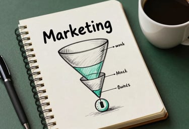 A close-up of a notebook with a sketched marketing funnel next to a fresh cup of coffee, deep matte forest green desk.