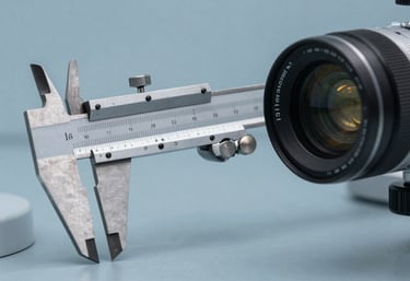 Macro photography of precision measurement tools including calipers and graduated cylinders in a North American / US science lab, professional and clinical look with Dusty Sky Blue tones.