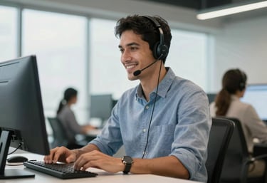 A professional South American IT support specialist with a headset, smiling while working in a bright, modern corporate environment.