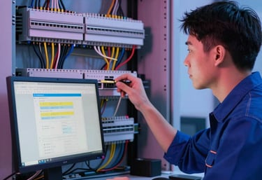 Futuristic cyberpunk style electrician working on a smart home control panel with glowing blue and pink lights.