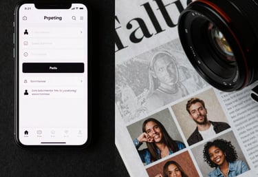 A collage of high-contrast marketing materials including a smartphone app UI, a printed magazine cover, and a creative social media post.
