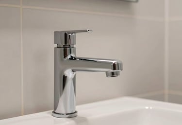 Interior of a modern and clean Spanish bathroom showing high-quality faucet installation and flawless tiling, soft and professional lighting.