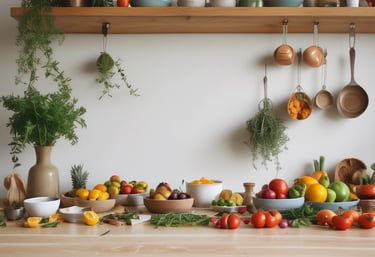 A cozy workspace with a laptop open to a diet blog, surrounded by healthy foods.