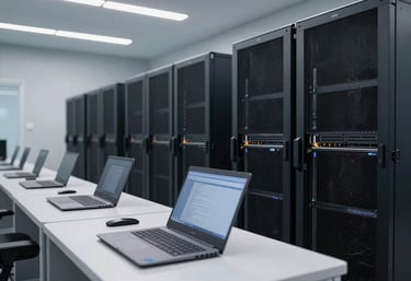 Clean photography of high-performance laptop computers and professional servers in a modern, light grey Middle Eastern / Gulf tech facility, soft professional overhead lighting.