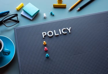 A perforated board with the word "POLICY" in white letters, colorful push pins below