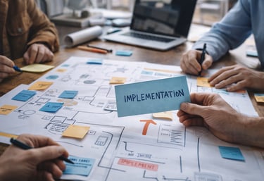 A business team planning project implementation strategy using flowcharts and sticky notes.