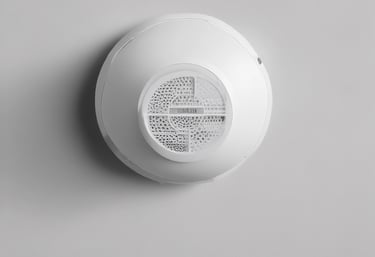 Technician installing a smoke detector on a ceiling in a commercial building.