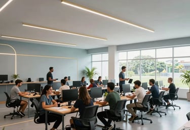 A wide shot of a modern training facility in Brazil, people interacting in a collaborative workspace, bright and airy environment, high-end photography, light blue-gray and gold details.