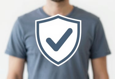 Sleek icon of a shield or checkmark, representing security and quality, minimalist design with #778DA9 tones.