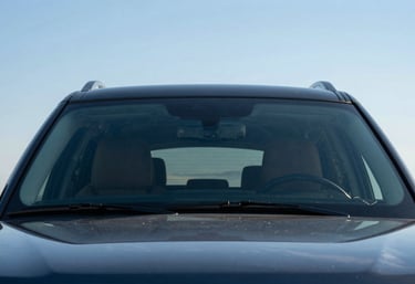 A wide-angle photo of a clear, perfectly installed windshield on a luxury SUV, reflecting the bright sky blue of a North American afternoon, ultra-clean finish.