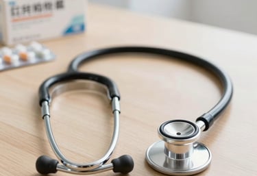 A high-quality lifestyle photograph of a professional stethoscope and a box of medicine on a clean wooden table in a bright clinic, soft focus background.