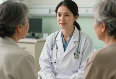 A photography scene of a Southeast Asian female doctor talking kindly to an elderly patient in a modern, clean medical consultation room with soft green and off-white colors.