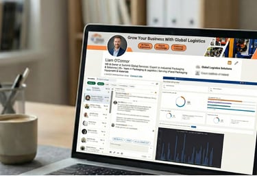 Laptop screen displaying an optimized profile and LinkedIn growth analytics.