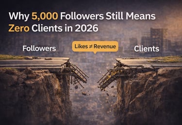 Broken bridge between “Followers” and “Clients” with “Likes ≠ Revenue,” illustrating why followers d