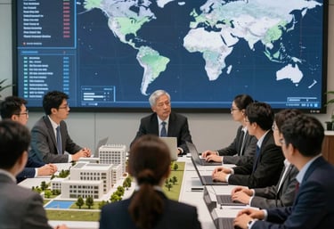 A professional business meeting in progress, with people looking at architectural models and digital dashboards on a large wall screen. Global Professional / International.