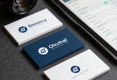 Close-up of high-end business cards and a digital tablet showing a project management dashboard. Global Professional / International.