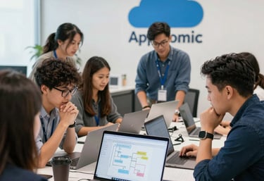 A vibrant office scene showing a team (Filipino collaborating over cloud service designs on laptops.