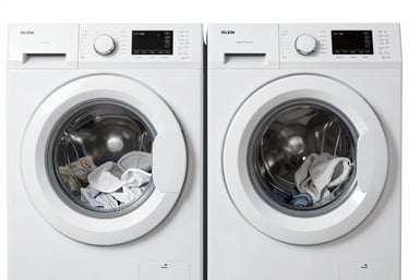 Technician fixing a washing machine inside a cozy Bogotá home.