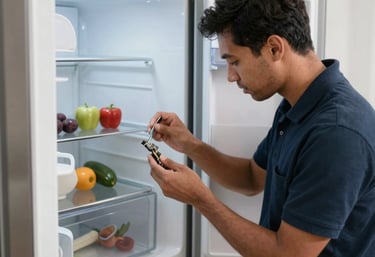Smiling technician holding tools next to a refrigerator in a bright kitchen.