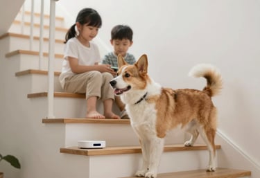 A domestic scene showing a family pet comfortably navigating a brightly lit staircase, emphasizing the hands-free automatic nature of the system.
