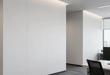 Photography of a modern and clean office interior in Turkey, with perfectly painted white walls and sharp architectural lines, showcasing a professional finish.