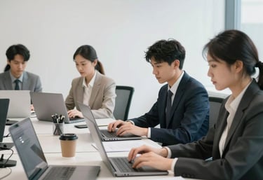 A modern office space with professionals collaborating over laptops and digital devices.