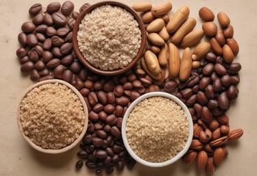 Close-up of fresh Bolivian quinoa, coffee, and cacao beans displayed on a rustic wooden table.