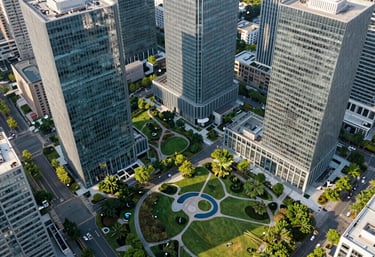 An aerial view of a sustainable modern city park surrounded by glass office towers, North American / Global Business location, bright lighting.